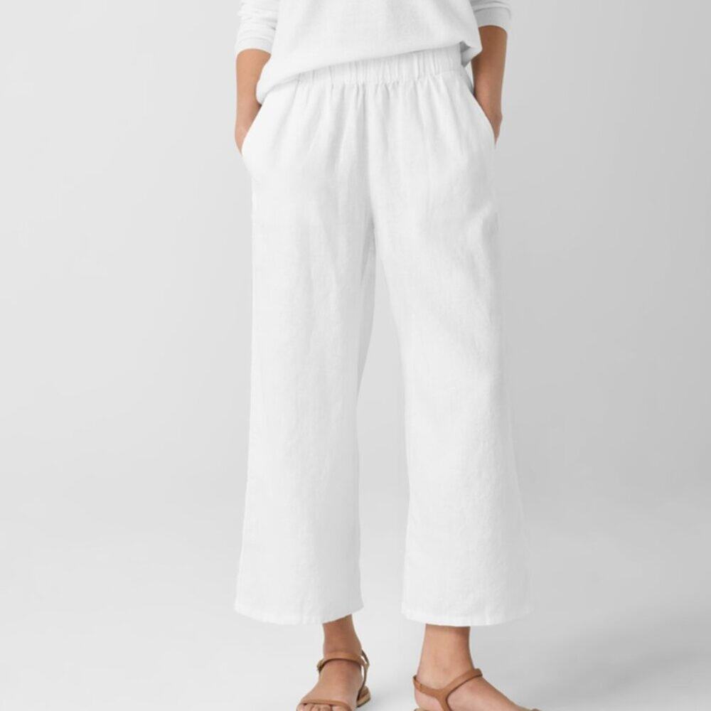 Eileen Fisher Wide Legged 100% Organic Linen Pants Size L Resortwear Vacation